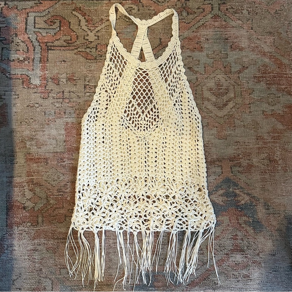 Morgan de Toi Crochet Tank with Fringe Detail